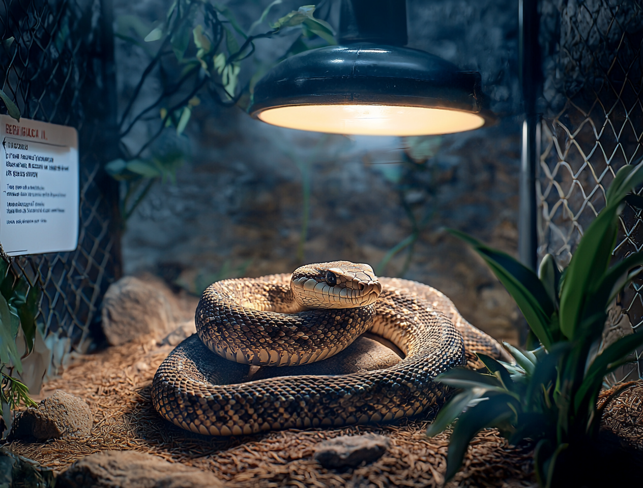 A snake resting in a confined space under bright light.