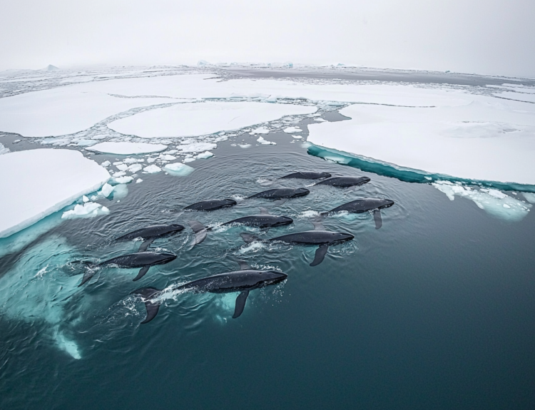 A pod of whales swimming together in the ocean.