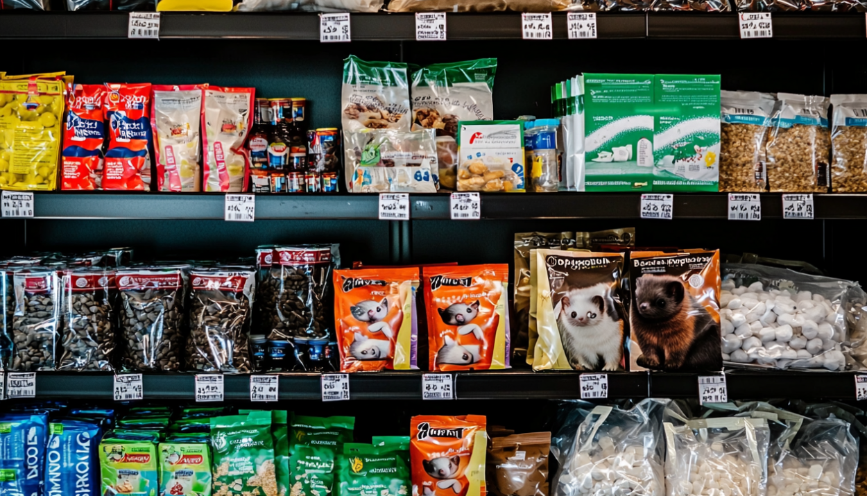 A selection of premium ferret food brands on a shelf.