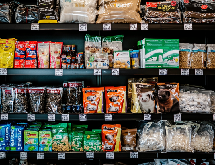 A selection of premium ferret food brands on a shelf.