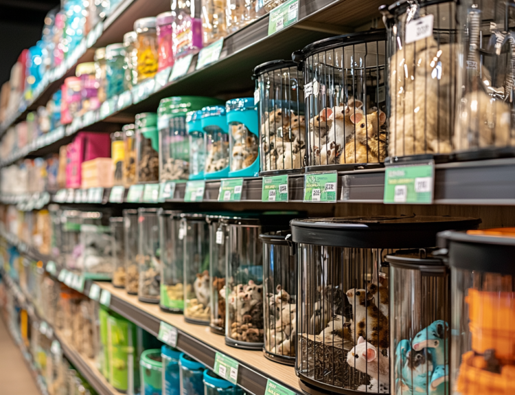 Hamsters on display at a pet store for sale