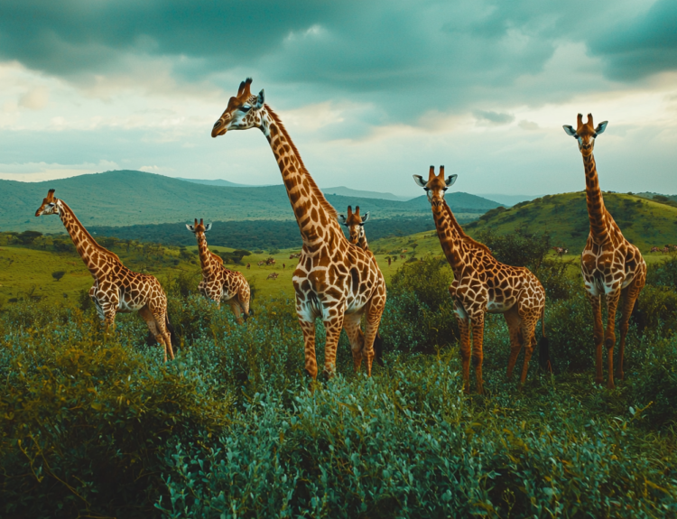 Giraffes grazing from tree tops, showing their impressive height.