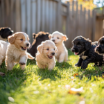 Puppies playing together in a grassy backyard on a sunny day.