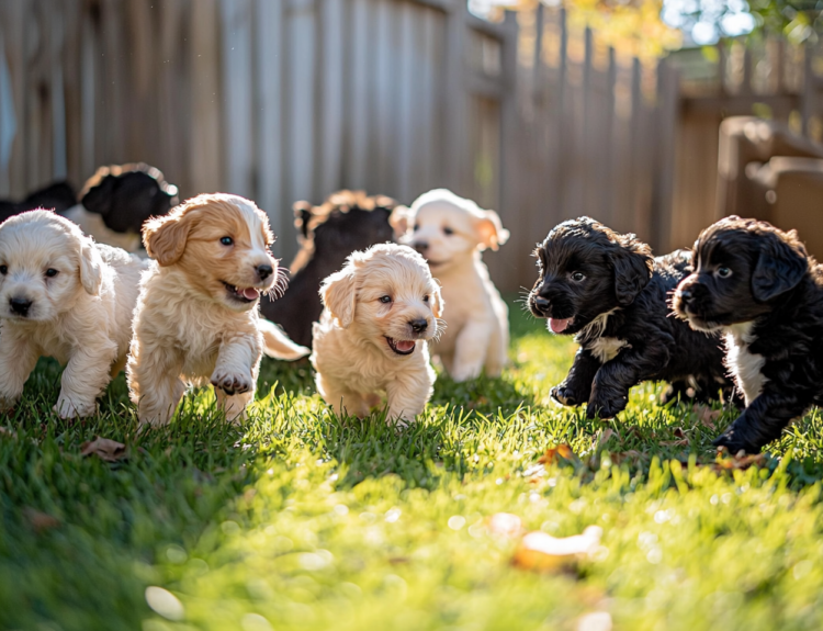 Puppies playing together in a grassy backyard on a sunny day.