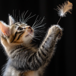 A close-up of a cat with prominent whiskers looking at a feather curiously.