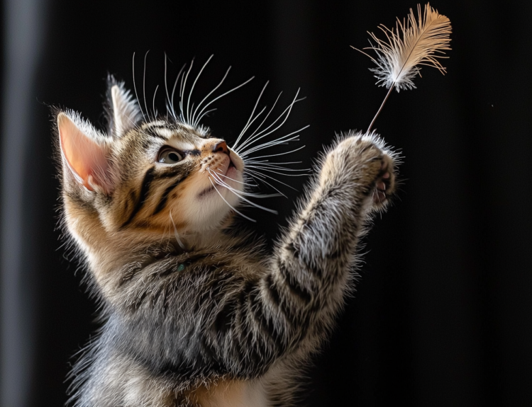 A close-up of a cat with prominent whiskers looking at a feather curiously.