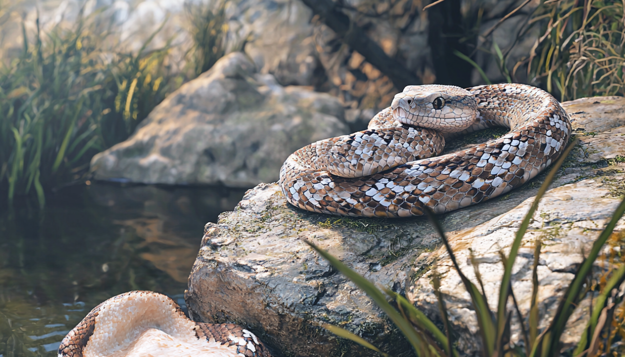 A snake resting on a rock beside shed skin.