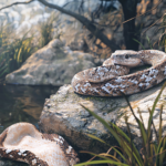 A snake resting on a rock beside shed skin.