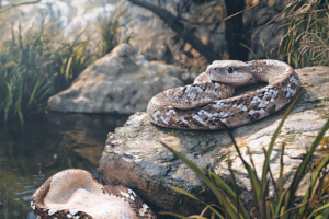 A snake resting on a rock beside shed skin.