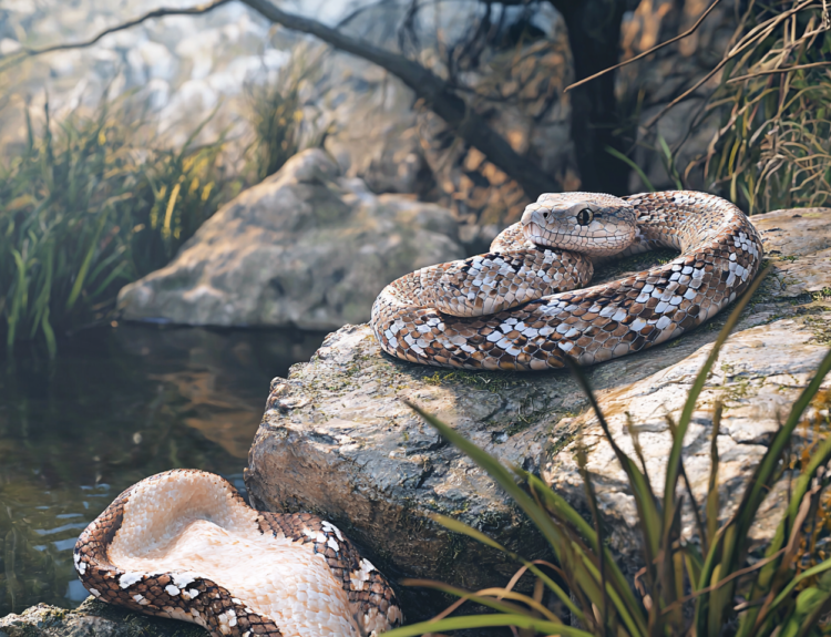 A snake resting on a rock beside shed skin.