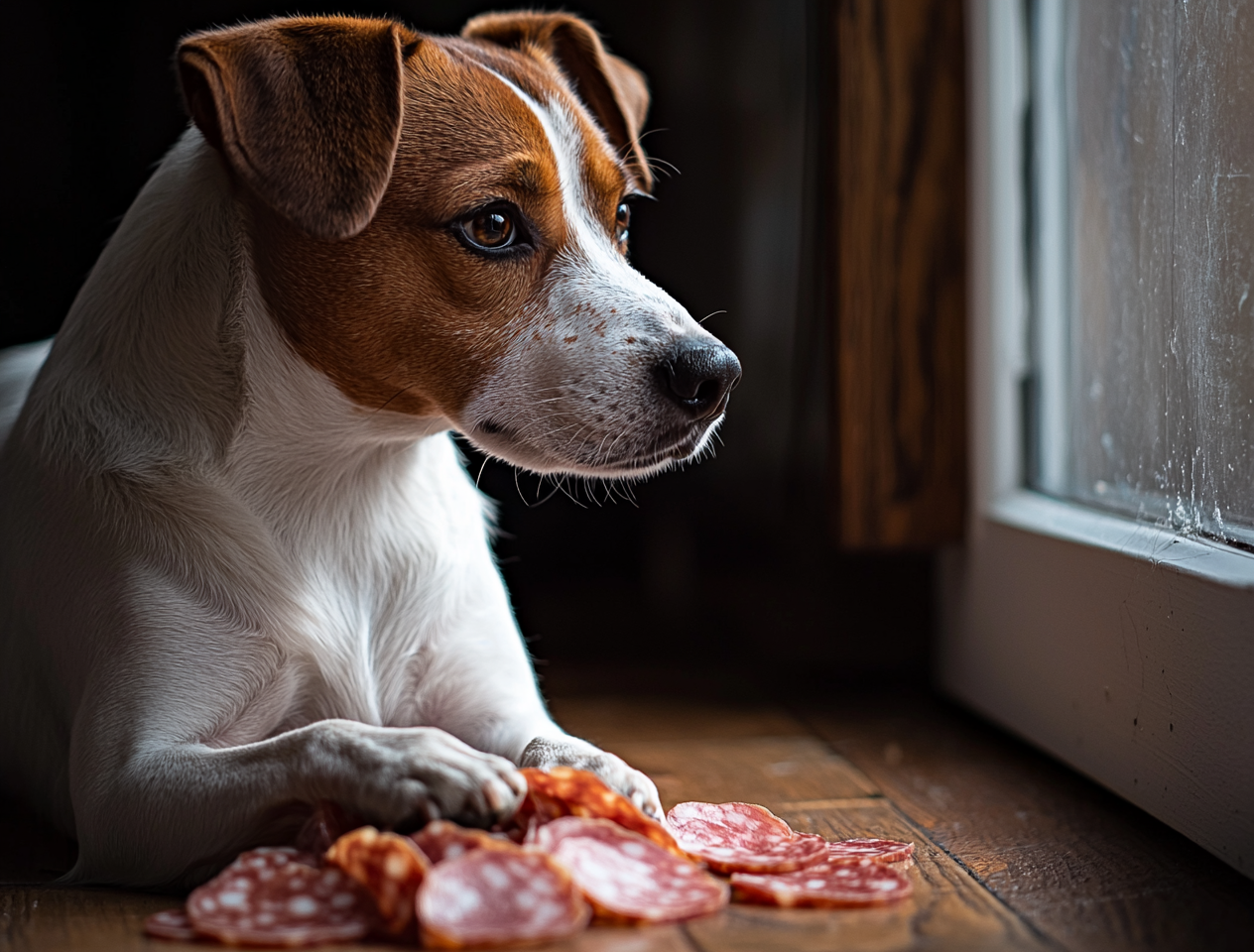 A dog sitting in front of slices of salami on a plate.