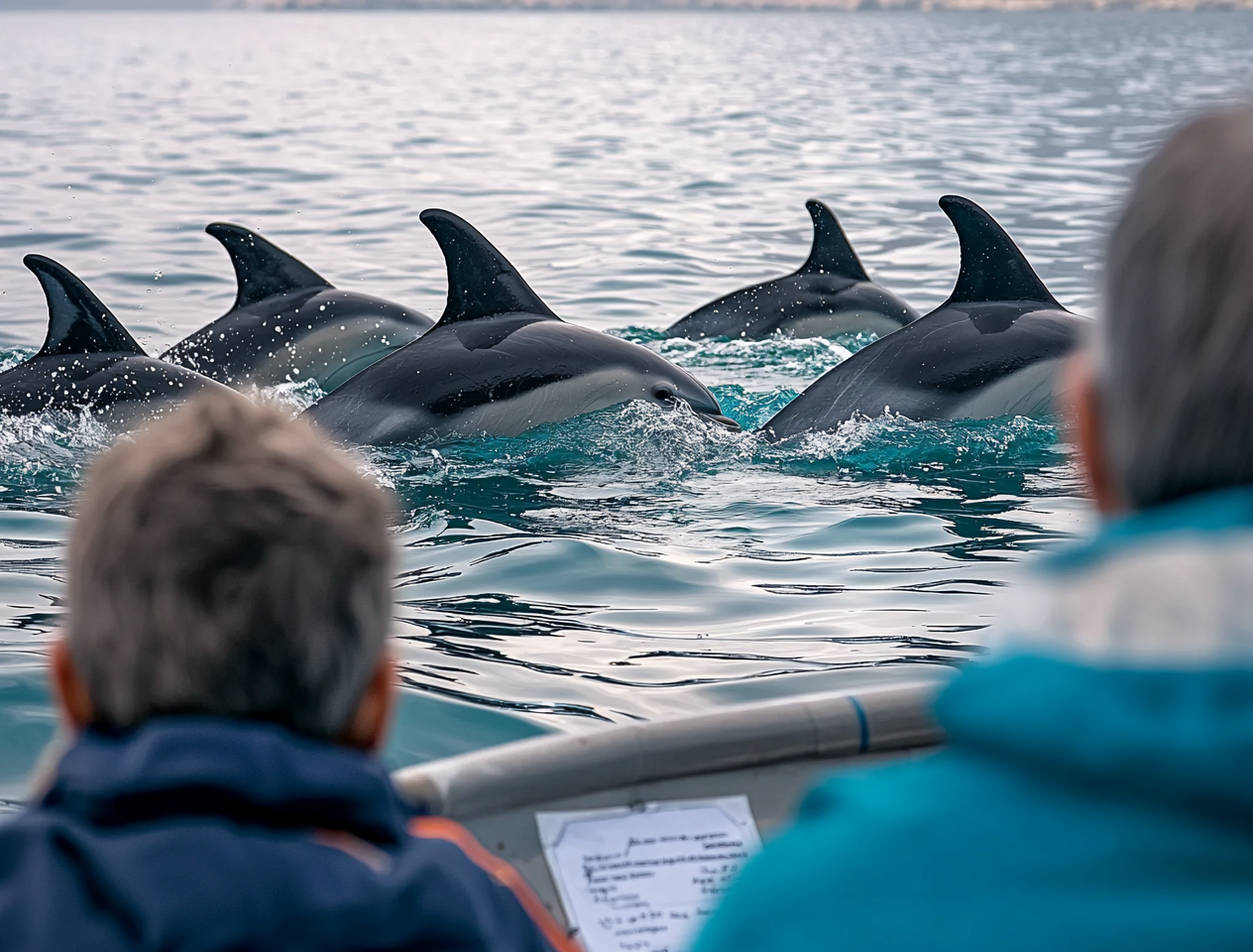 A group of dolphins gliding through deep blue open waters.