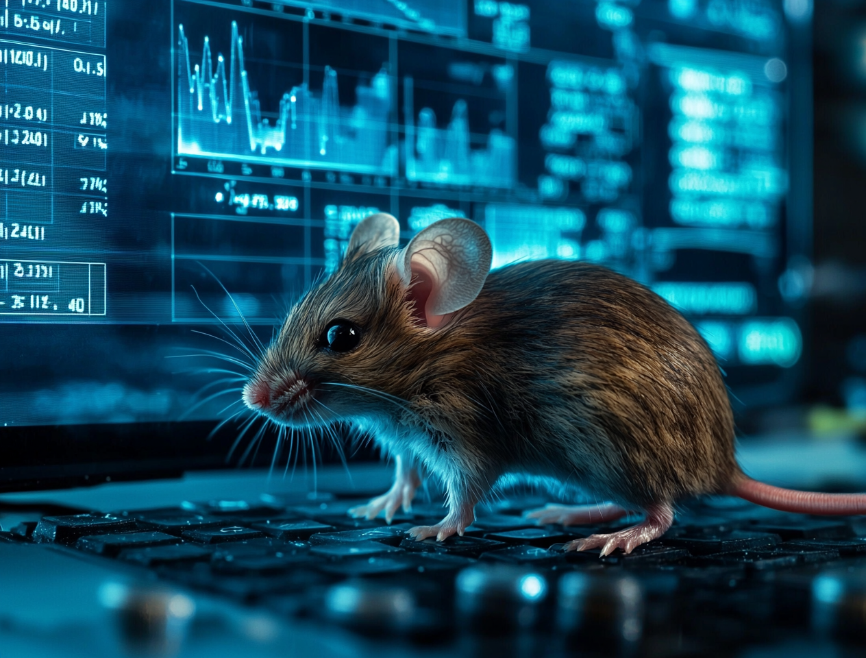 A mouse sitting on a computer keyboard, looking alert.