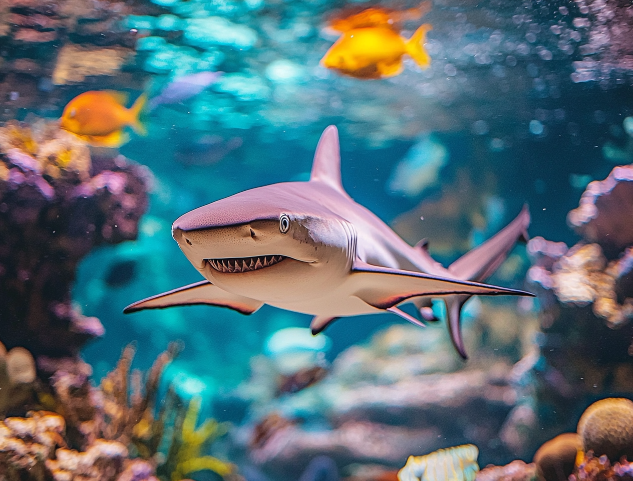 Close-up of a shark swimming in deep ocean waters.