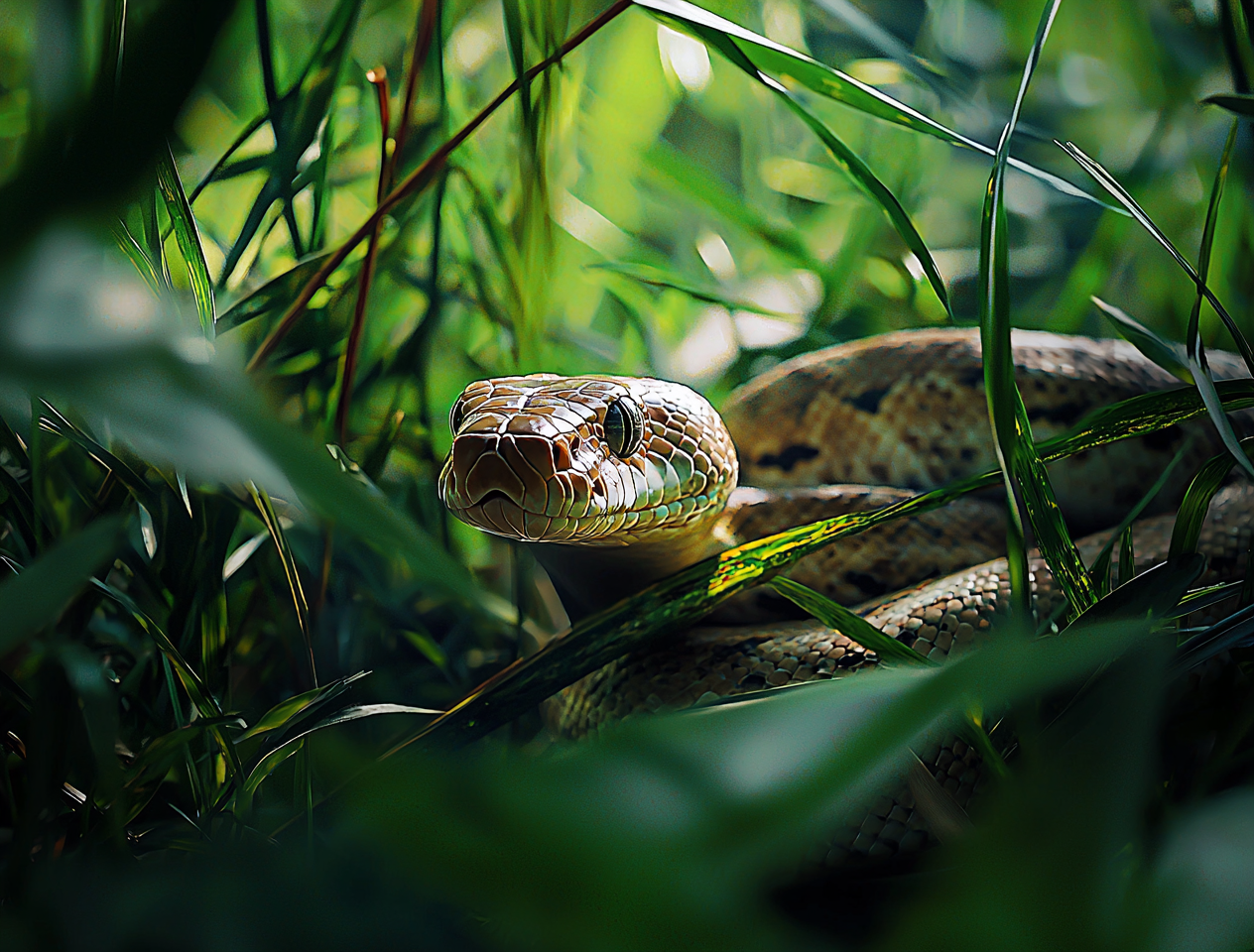 A snake gliding through dense grass in its natural environment.