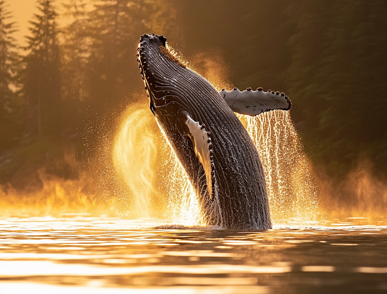 A large whale breaching the water’s surface under a bright sky.