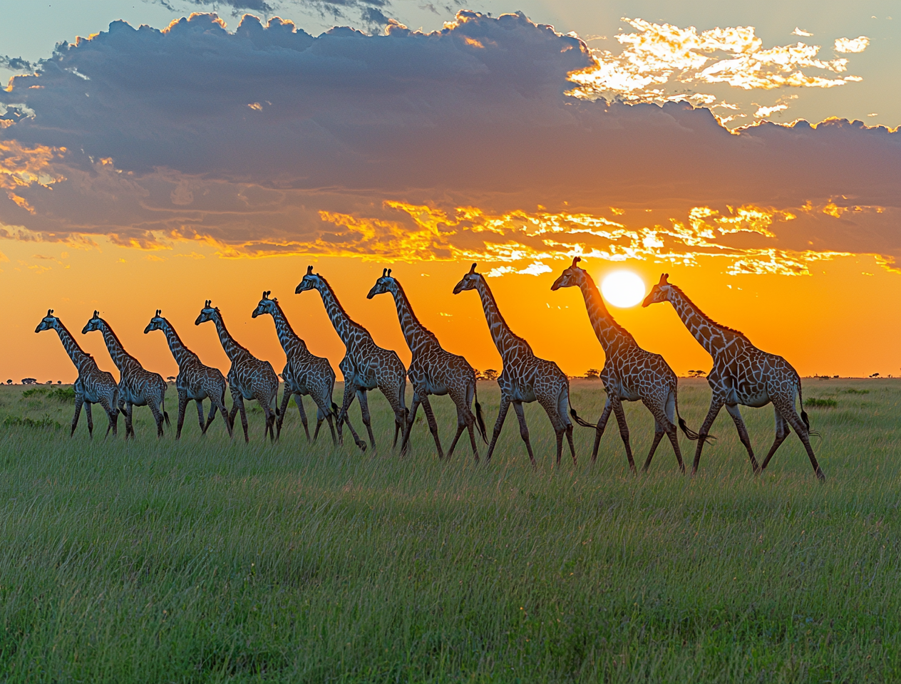 Tall giraffes roaming freely in a vast African savannah landscape.