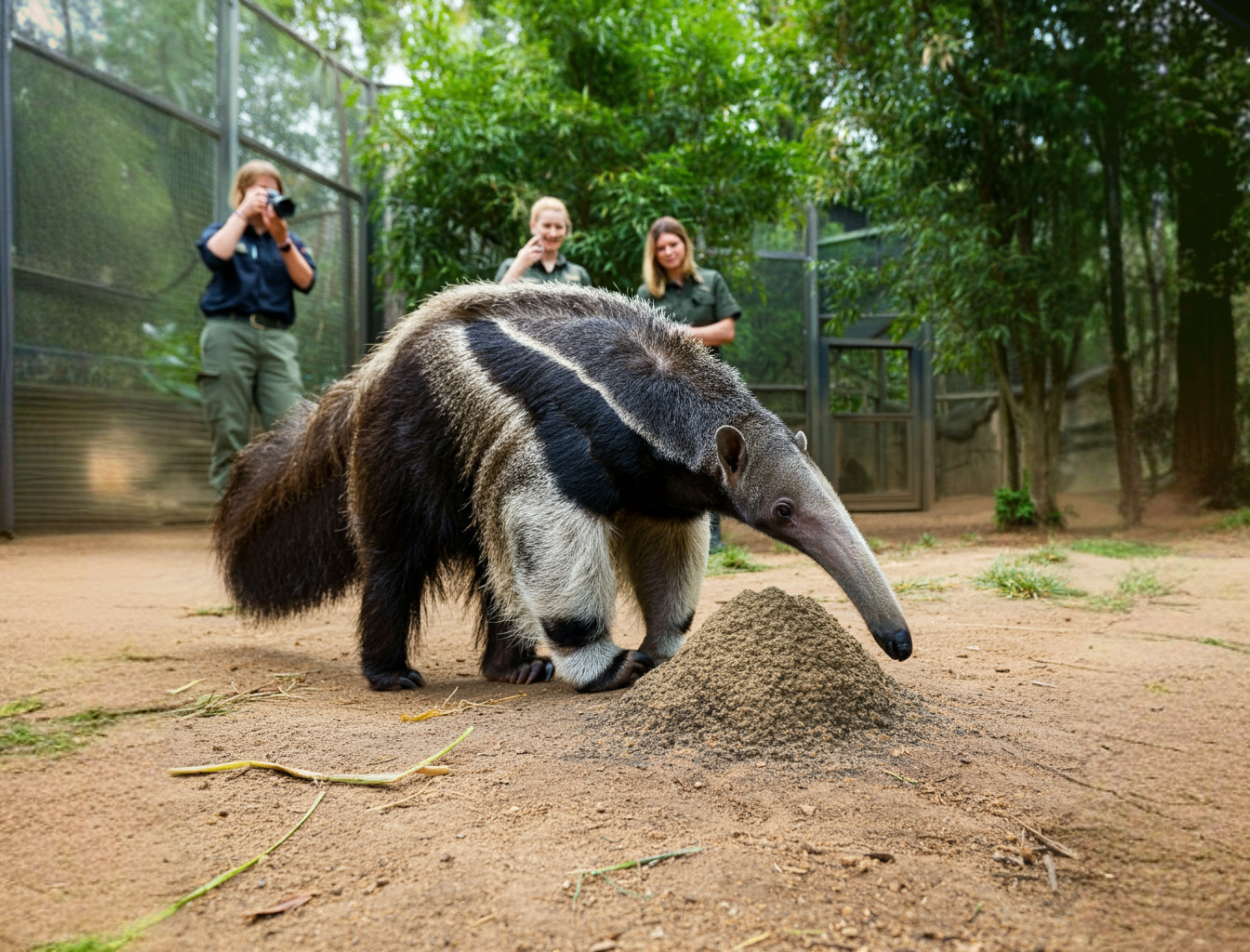 Anteater in captivity being photographed by visitors