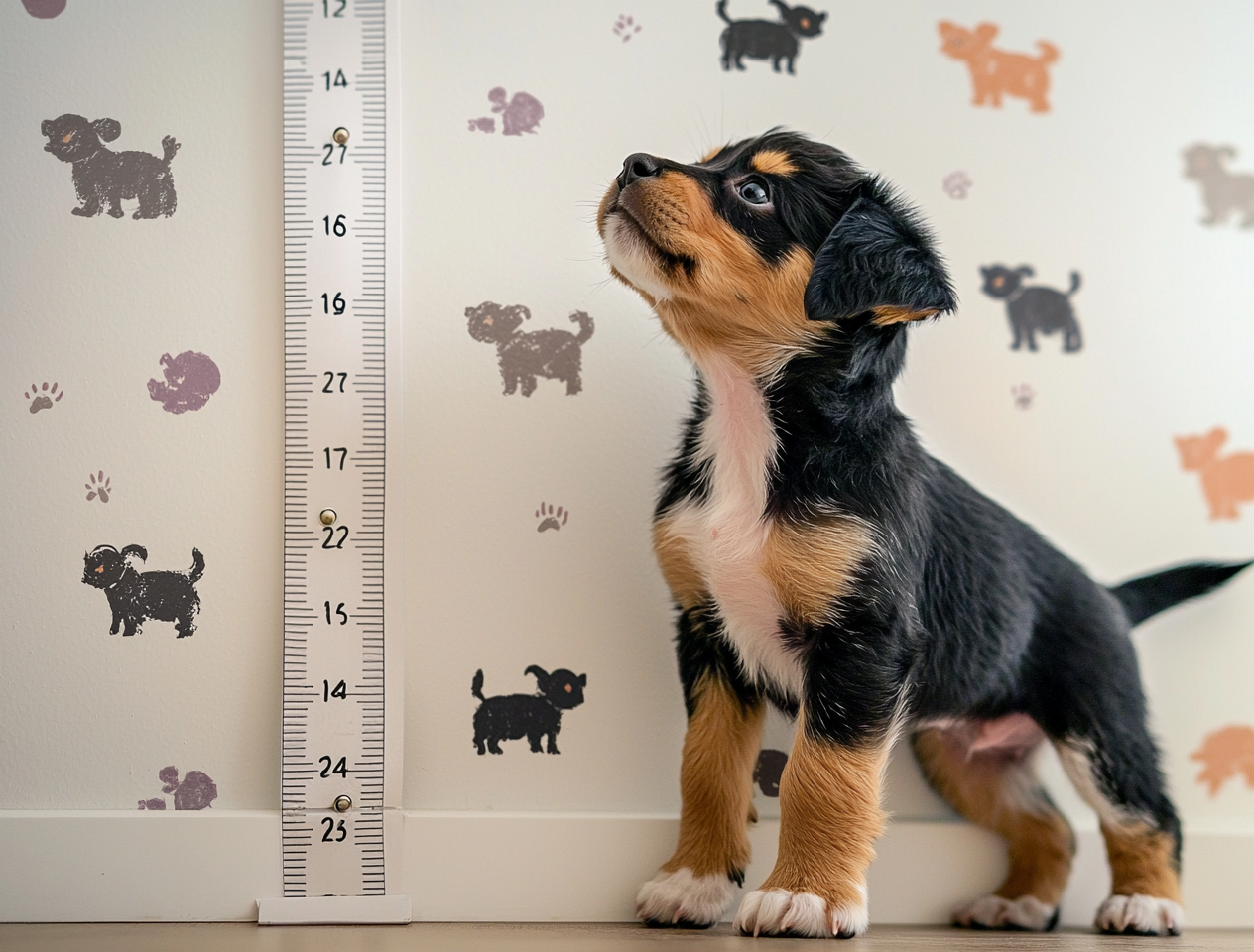 A young puppy standing beside a height measurement ruler.