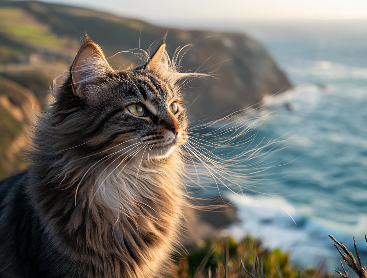 A cat with prominent whiskers, gazing thoughtfully into the distance.