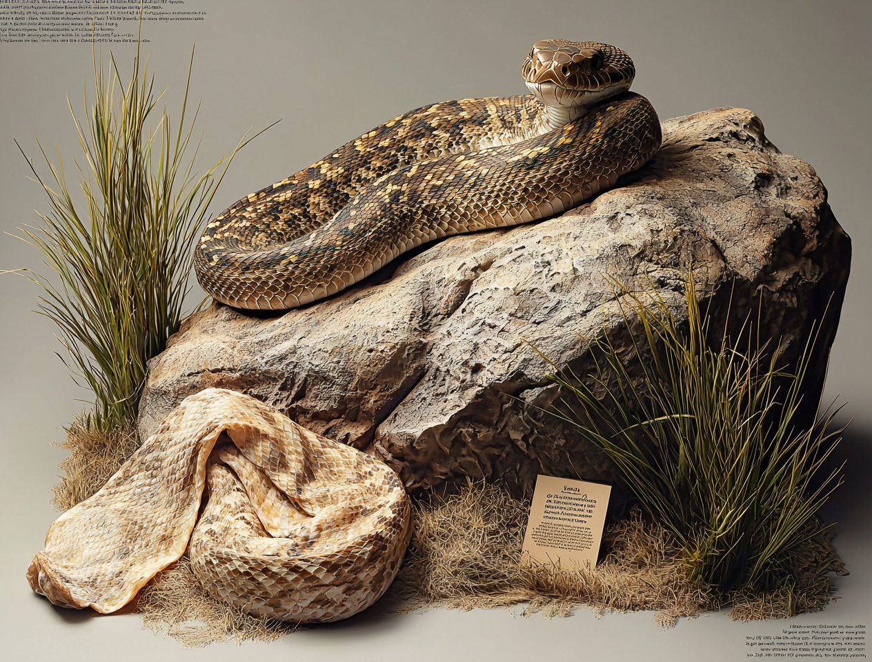 A snake basking on a rock with shed skin below it.