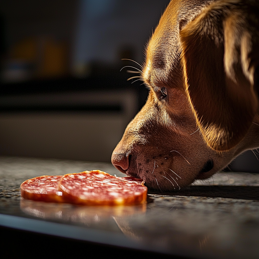 A curious dog sniffing a slice of salami.