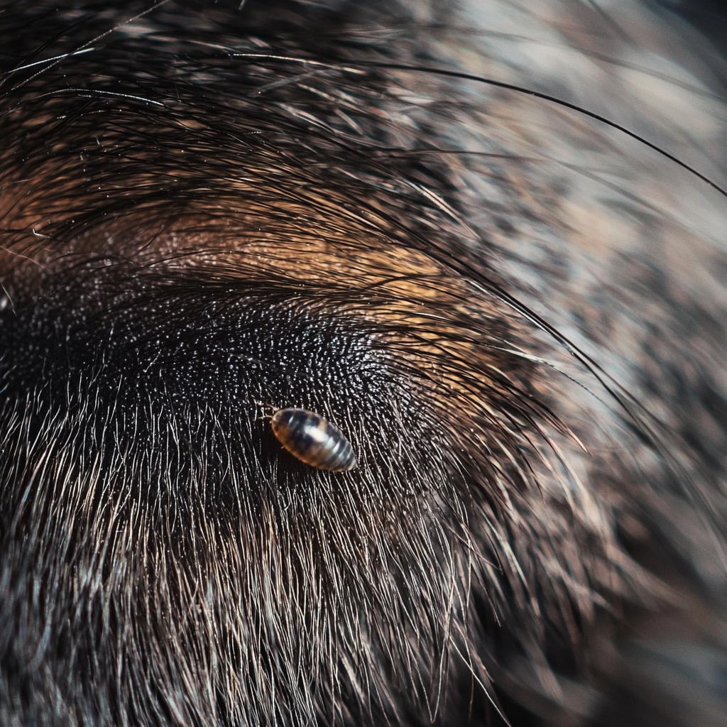 Flea visible on animal fur, showing parasitic nature.