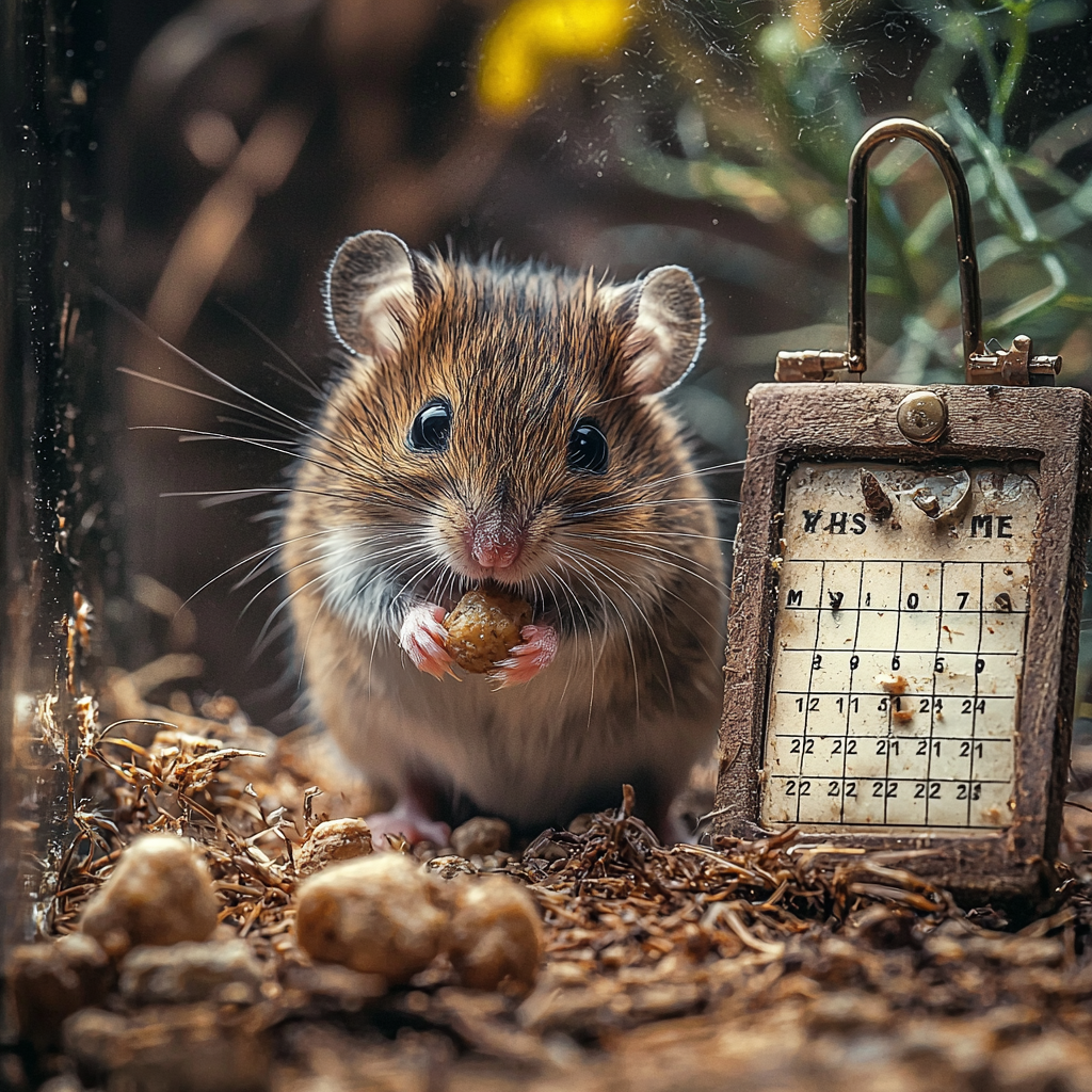 A small mouse holding treats in its tiny paws.