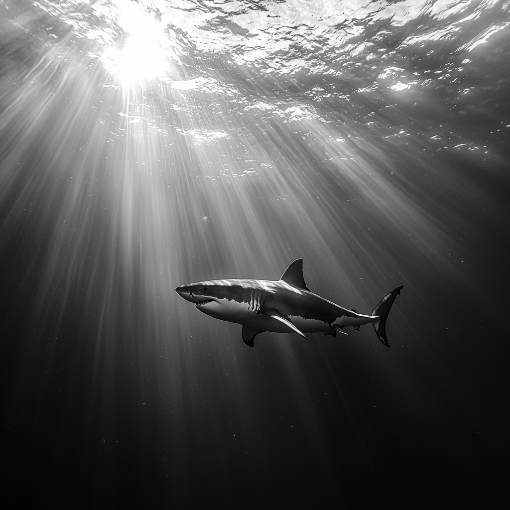 A lone shark moving in the dark depths of the ocean.