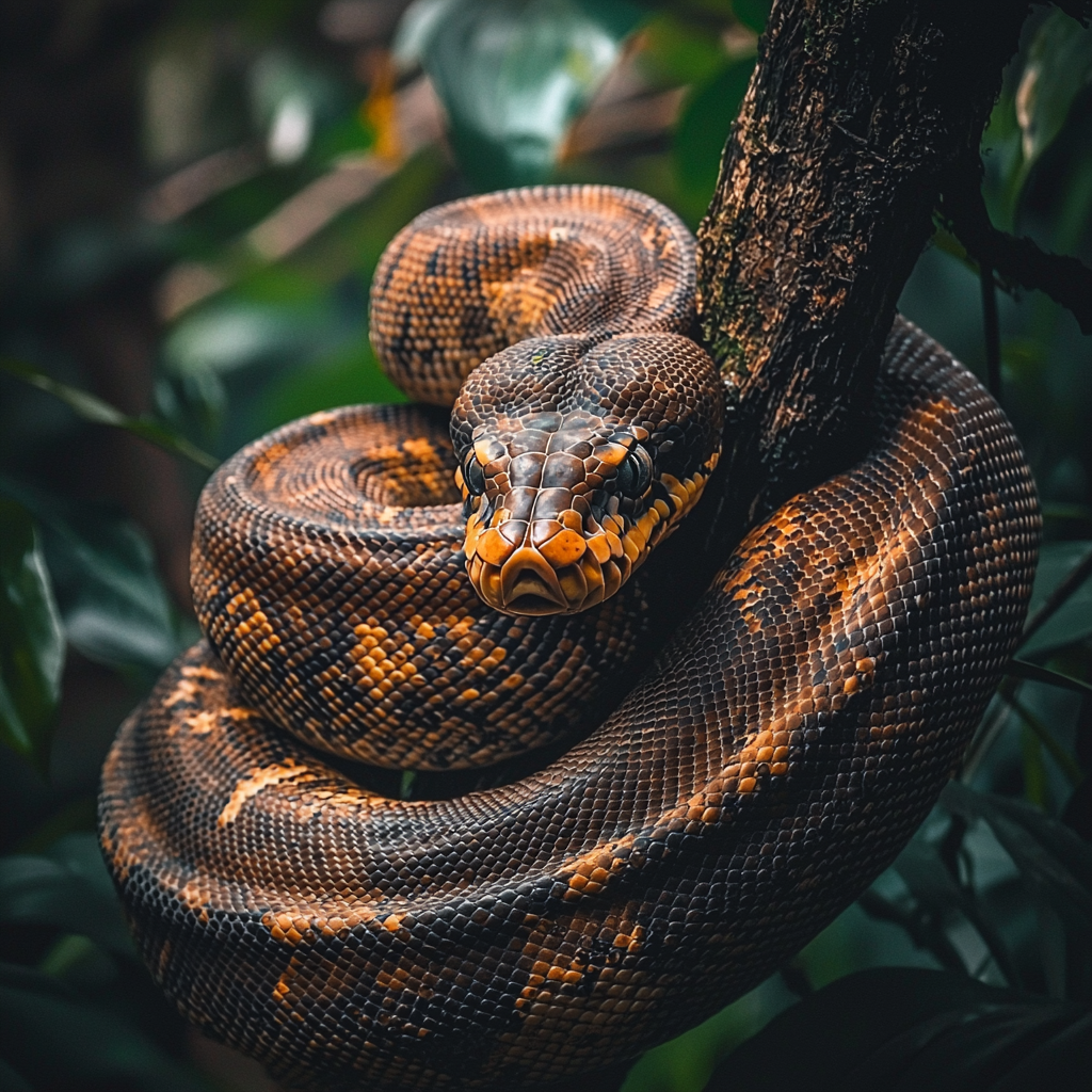 A snake curled around a piece of wood in a thick bush.