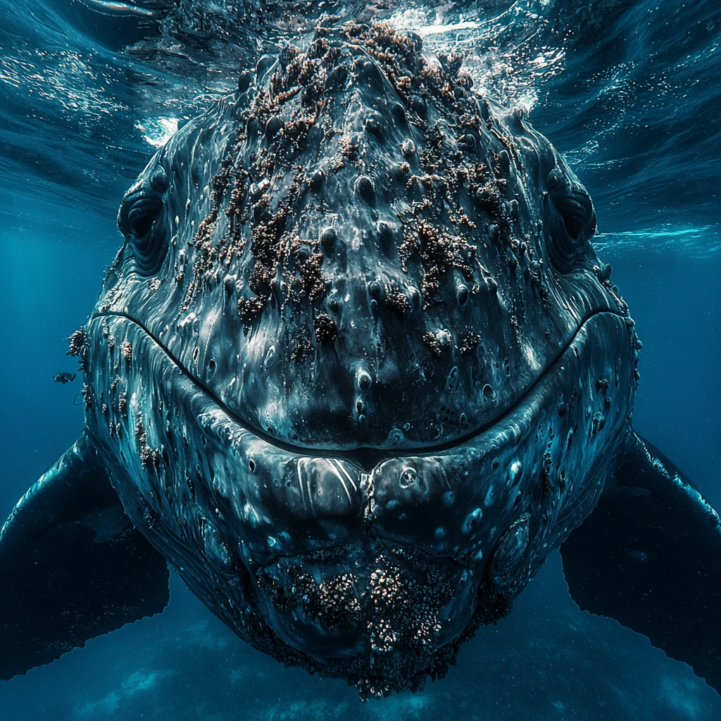 A close-up view of a whale's eye and textured skin.