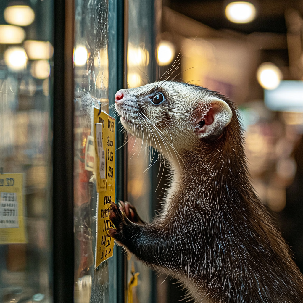 A ferret on display in a pet store.