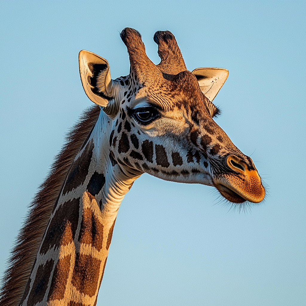 A giraffe’s face, neck extended high, with its unique markings in view.