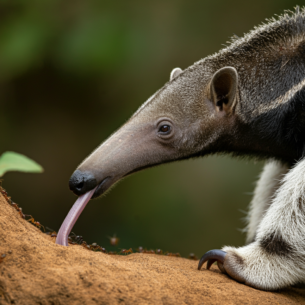 A giant anteater using its tongue to feed on ants