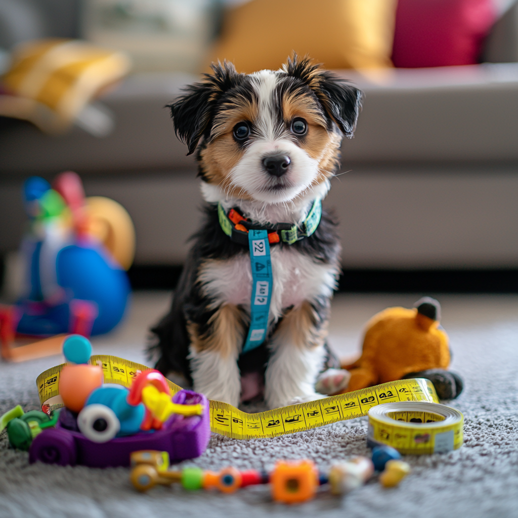 A playful puppy tangled in measuring tapes, symbolizing growth stages.