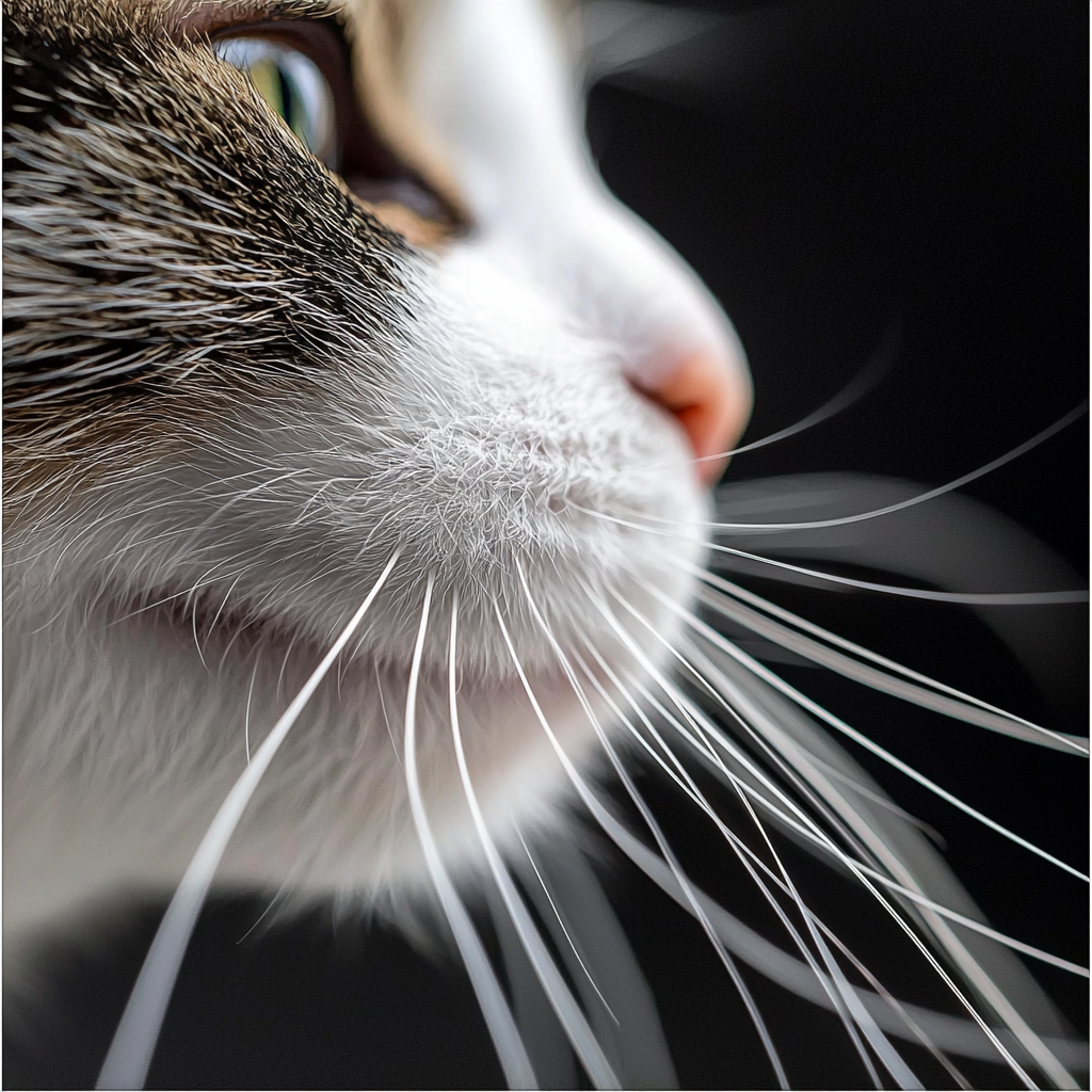 Cat with strikingly long whiskers in a calm pose.