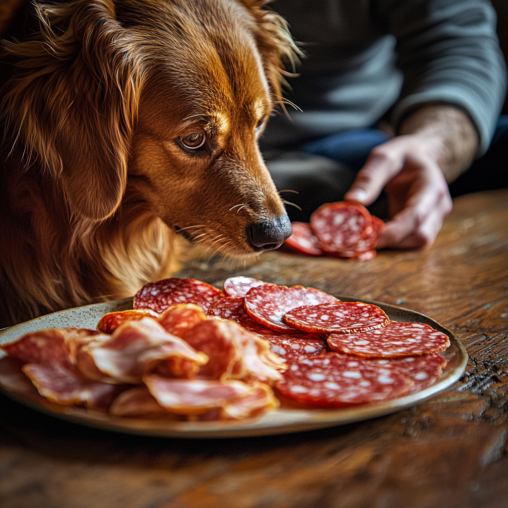 A dog looking at slices of salami on a plate.