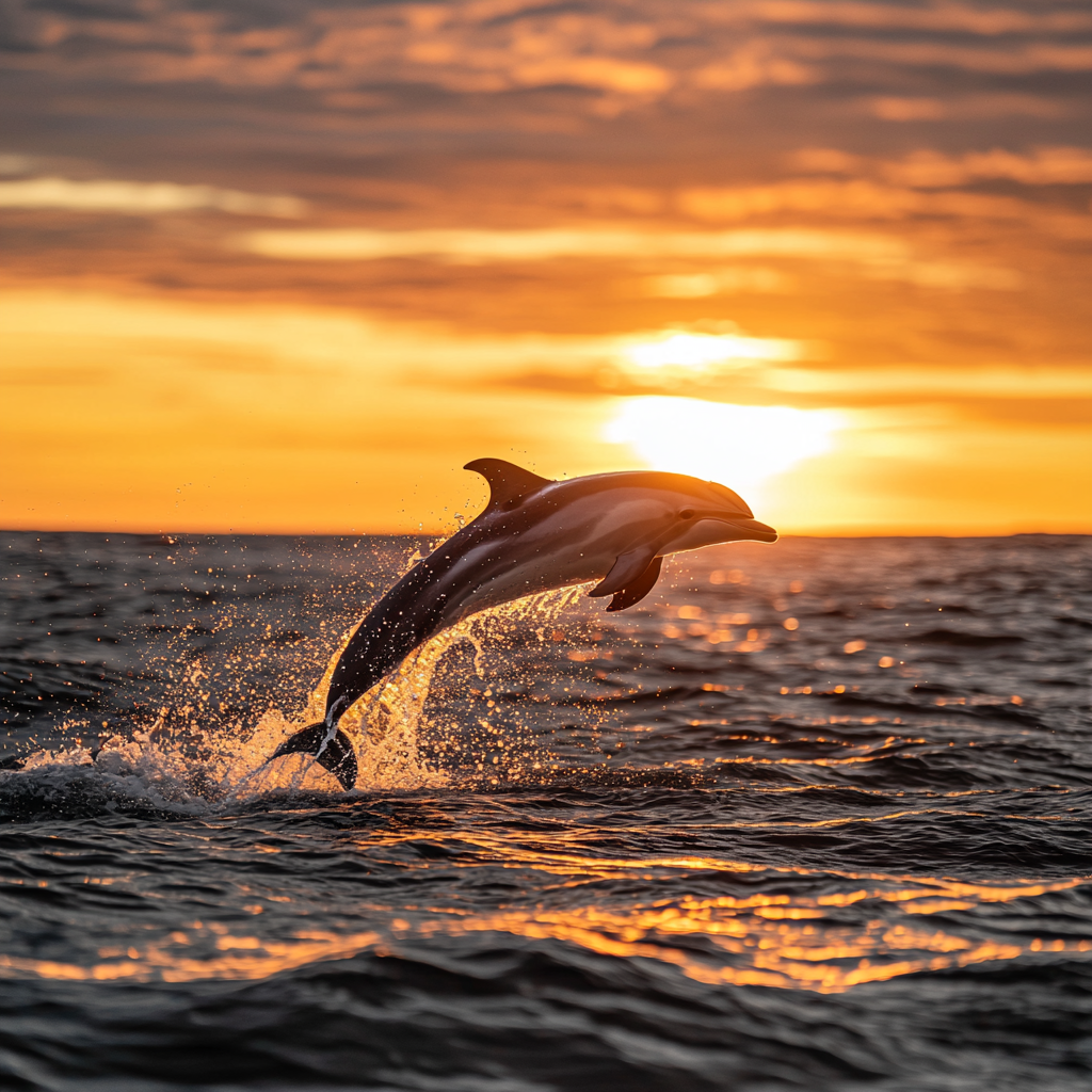 A dolphin leaping high above the water surface in a powerful breach.