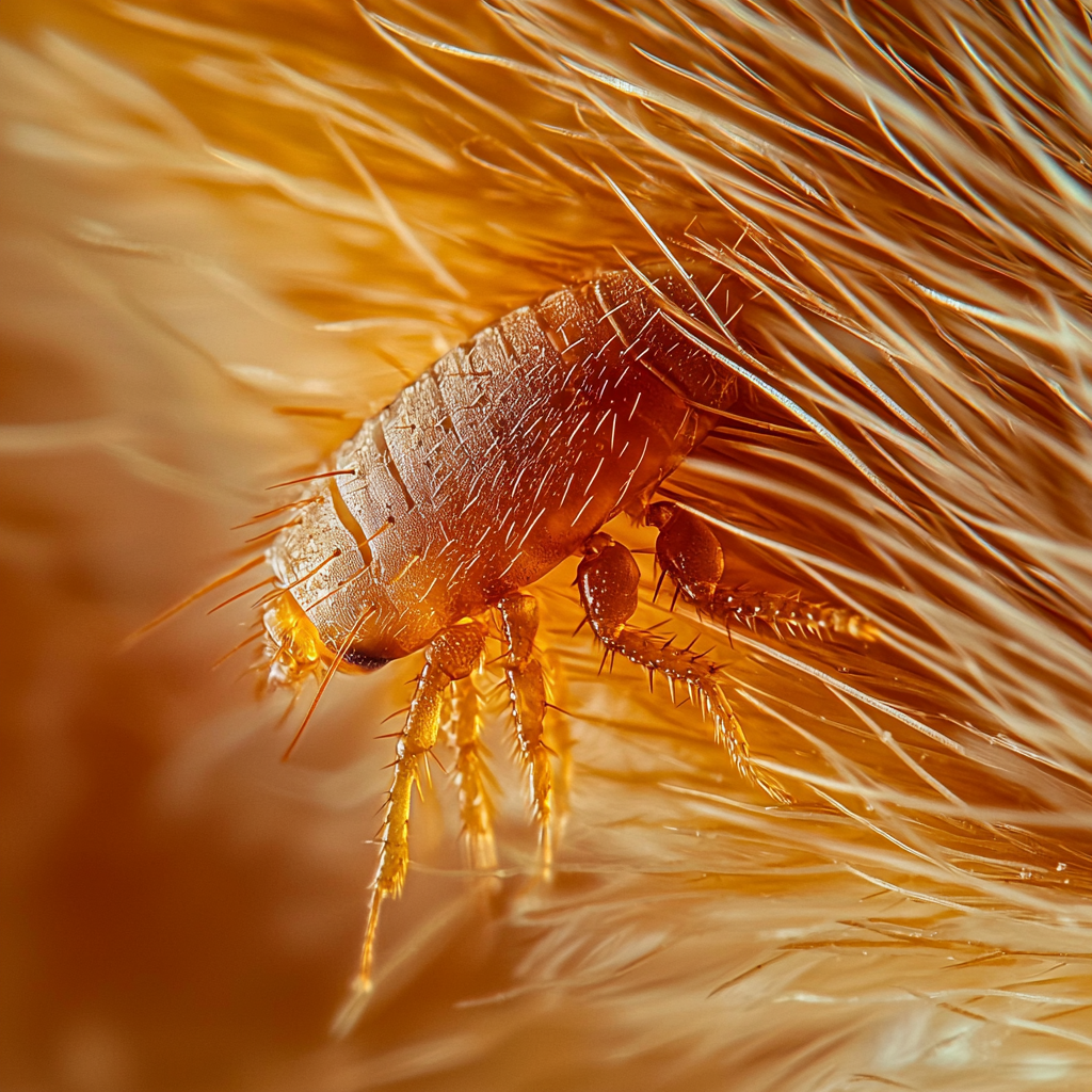 A single flea on animal fur, showing its attachment and survival.