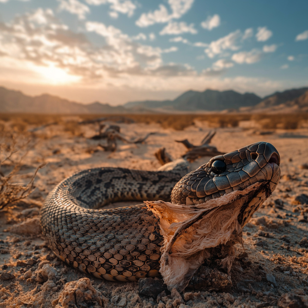 A snake in the process of shedding its skin in a sandy environment.