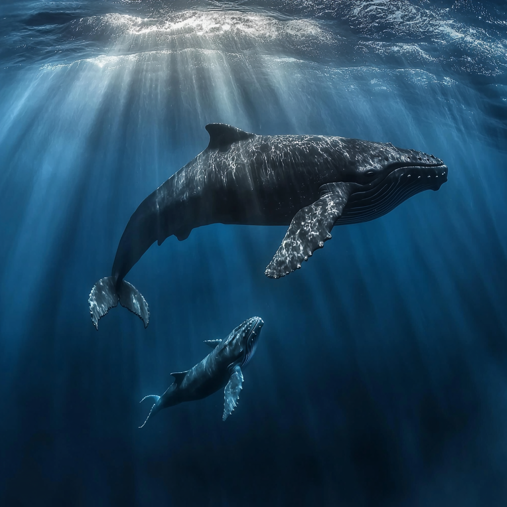 Two majestic whales swimming gracefully together in the deep ocean.