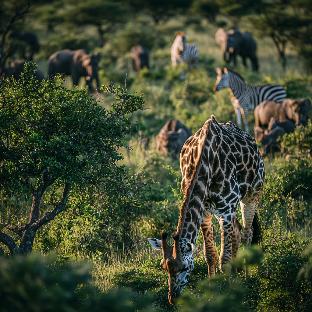 Giraffes and various animals interacting in a natural habitat.