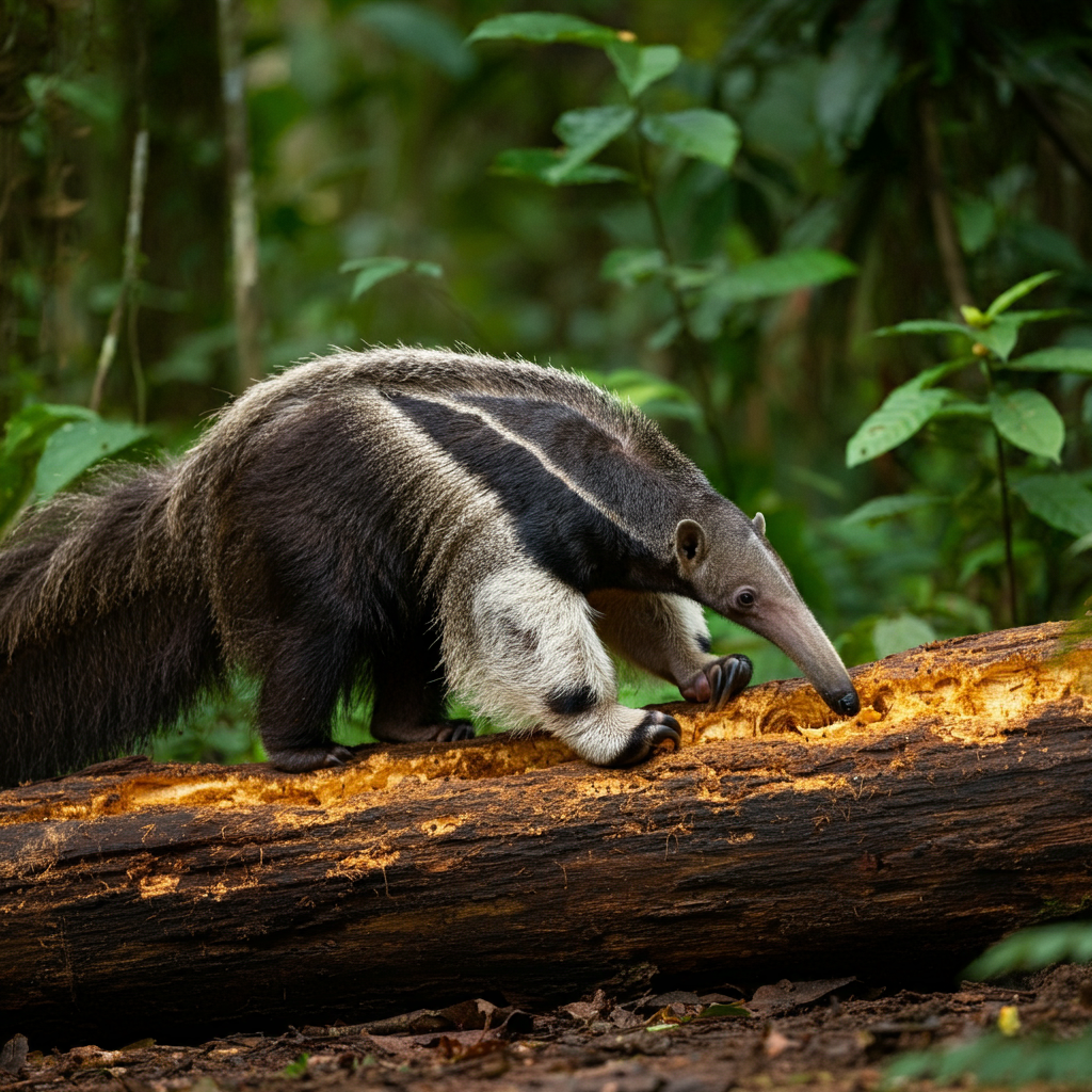 Anteater feeding on insects from a log of wood