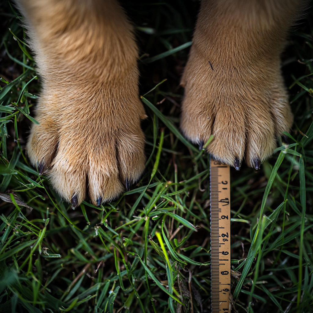 A puppy stands atop a measuring tape, symbolizing growth progress and milestones.