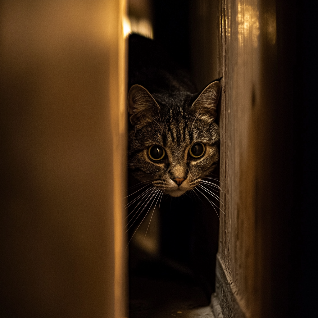 A curious cat exploring its surroundings with prominent whiskers.