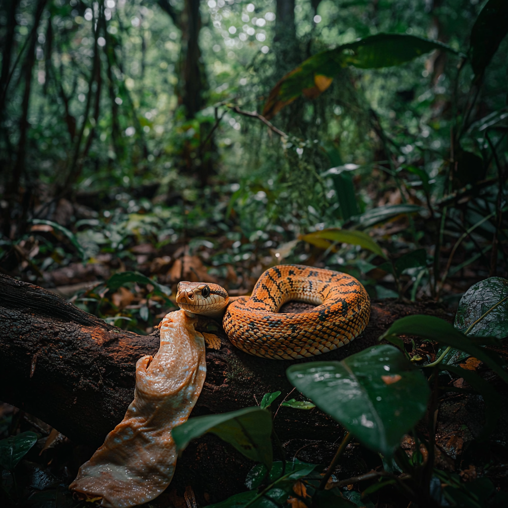 A snake beside its shed skin on a tree branch.